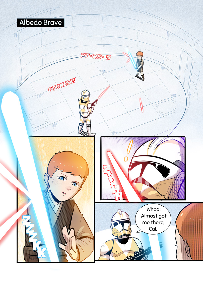 !, 2boys, border, braid, cal_kestis, child, commentary, energy_sword