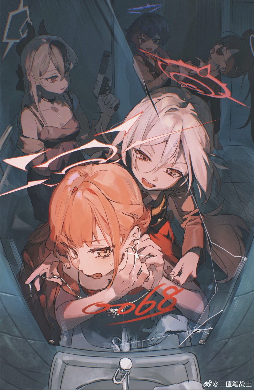 5girls, absurdres, aru_(blue_archive), aru_(dress)_(blue_archive), black_choker, black_dress, black_hair, black_horns