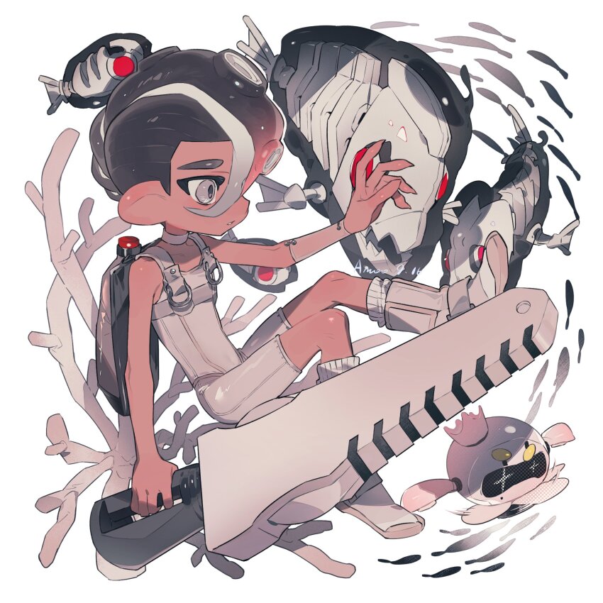 1boy, 1girl, agent_8_(splatoon), amaodd221, android, bare_shoulders, black_hair, bodysuit