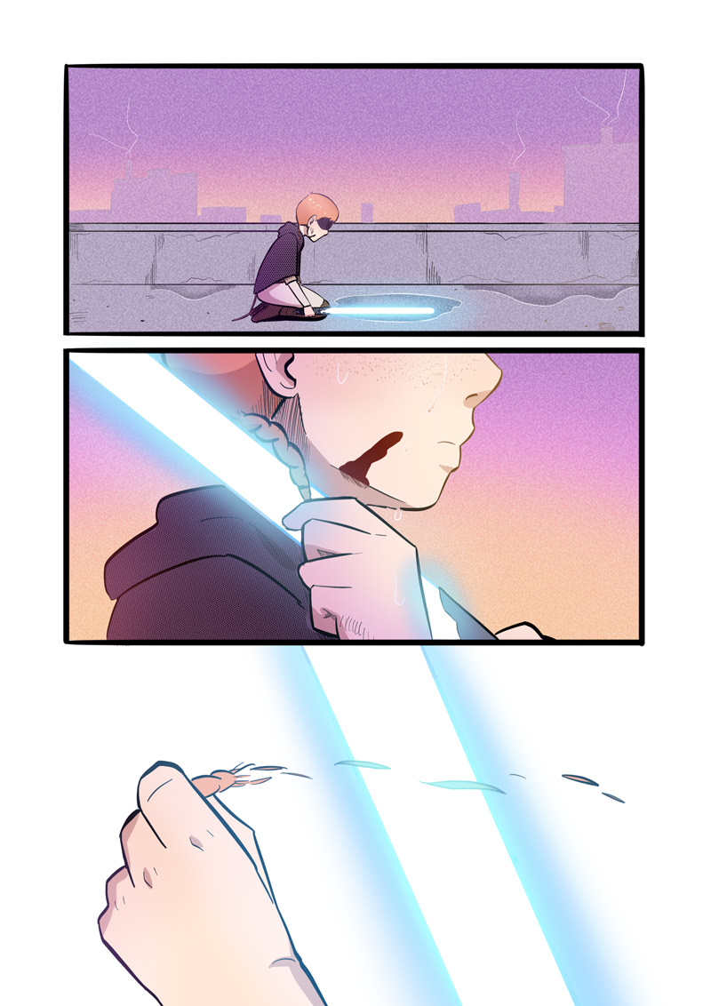 1boy, blood, braid, cal_kestis, child, commentary, cutting_hair, energy_sword