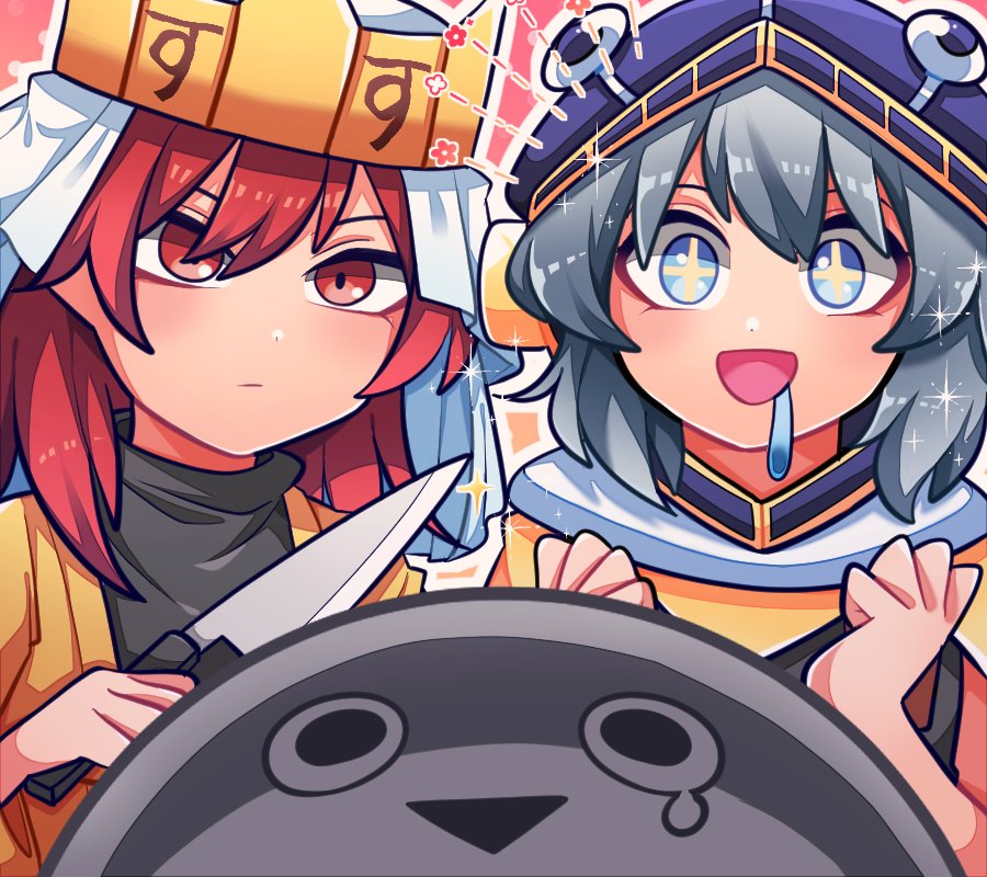 +_+, 1jumangoku, 2others, androgynous, animal_helmet, bare_arms, black_shirt, blue_hair