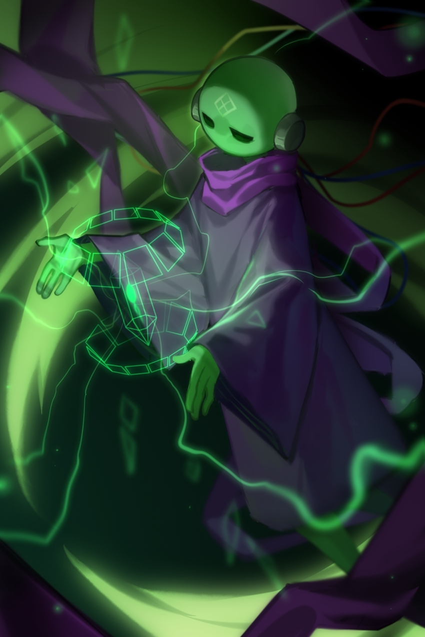 1boy, black_eyes, chinese_commentary, colored_skin, commentary, electricity, english_commentary, facial_mark, fewer_digits, fleshbird, floating, forehead_mark, green_skin, highres, humanoid_robot, iterator_(rain_world), long_sleeves, male_focus, mixed-language_commentary, neuron_fly_(rain_world), no_significant_harassment, purple_robe, rain_world, robe, robot, robot_ears, solo, wide_sleeves