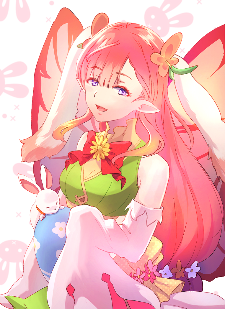 1girl, :d, animal_ears, bare_shoulders, easter, egg, fairy, fairy_wings