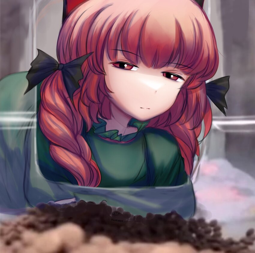 1girl, black_bow, bow, braid, closed_mouth, commentary, dress, food