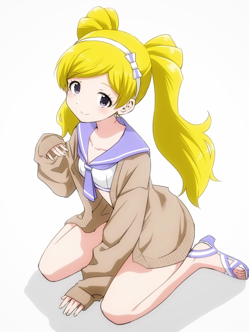 1girl, blonde_hair, blush, breasts, brown_cardigan, cardigan, collarbone, dot_nose