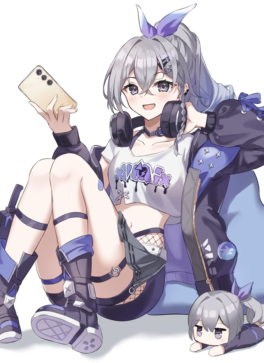 1girl, :d, absurdres, ankle_strap, bangs_pinned_back, black_boots, black_jacket, black_shorts