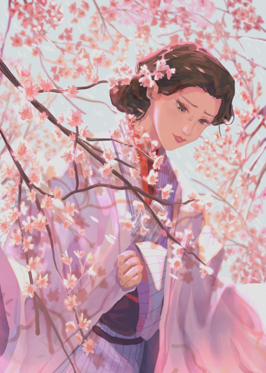 1girl, brown_hair, cherry_blossoms, geisha, hair_bun, highres, japanese_clothes, kalouriis