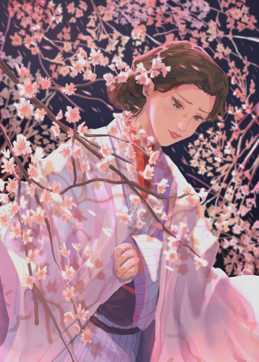 1girl, black_background, brown_hair, cherry_blossoms, geisha, hair_bun, highres, japanese_clothes, kalouriis, kimono, miyokichi, miyokichi_(rakugo), pink_kimono, shouwa_genroku_rakugo_shinjuu