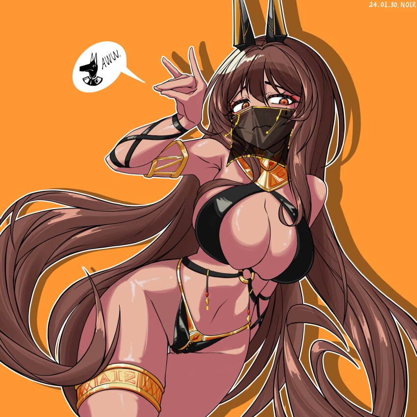 1girl, absurdres, alternate_costume, aludoru, animal_ears, arabian_clothes, armlet, breasts, brown_eyes, brown_hair, character_name, cleavage, dark-skinned_female, dark_skin, dated, fake_animal_ears, fox_shadow_puppet, goddess_of_victory:_nikke, highres, jewelry, large_breasts, long_hair, looking_at_viewer, mouth_veil, navel, noir_(nikke), solo, sweatdrop, thighlet, veil, very_long_hair