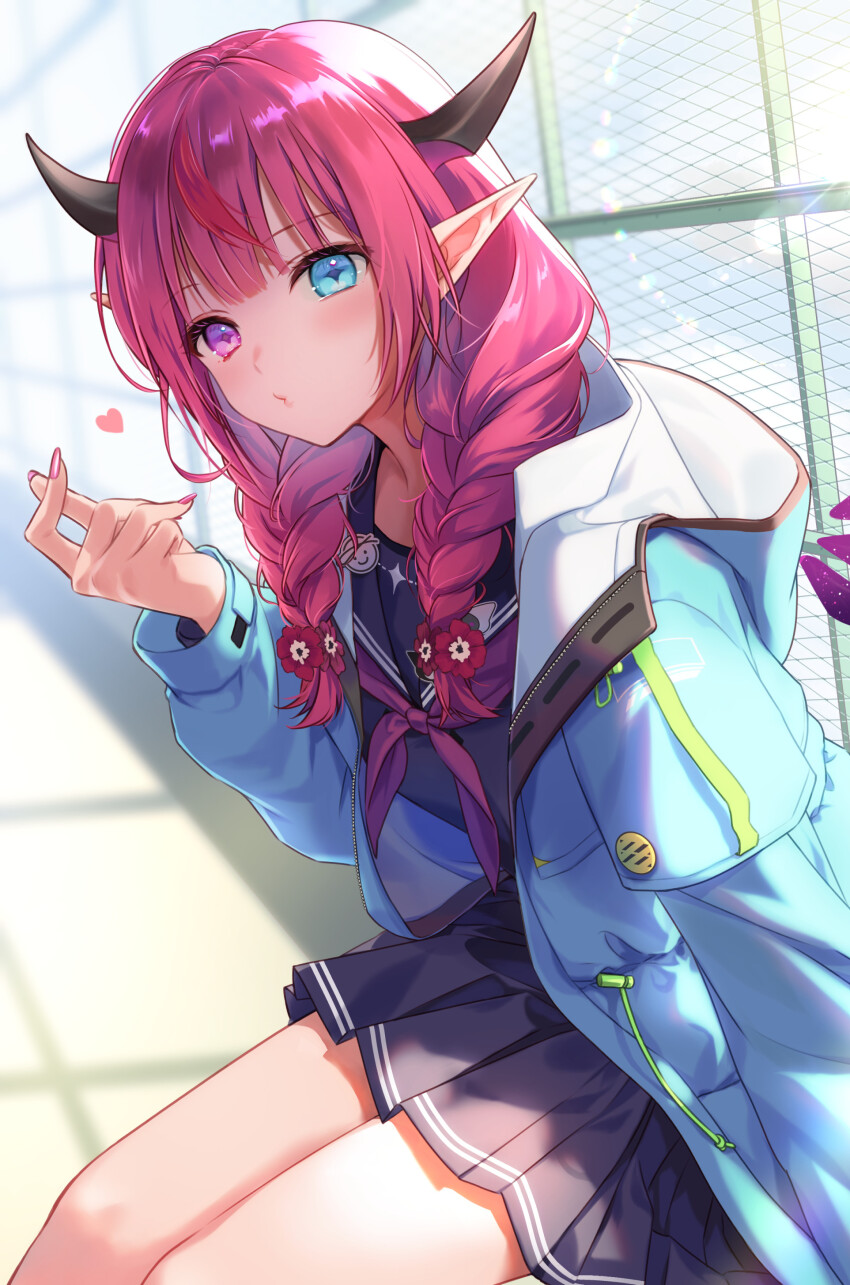 1girl, absurdres, aqua_jacket, blue_eyes, blue_serafuku, braid, commentary, crystal_wings, day, english_commentary, feet_out_of_frame, finger_heart, flower, from_side, guyrys, hair_flower, hair_ornament, hair_over_shoulder, heterochromia, highres, hololive, hololive_english, hood, hooded_jacket, horns, irys_(gaming_casual)_(hololive), irys_(hololive), jacket, leaning_forward, long_hair, looking_at_viewer, luma8b, miniskirt, multicolored_hair, neckerchief, o3o, official_alternate_costume, official_alternate_hairstyle, open_clothes, open_jacket, pink_nails, pleated_skirt, pointy_ears, red_hair, red_neckerchief, rooftop, school, school_uniform, serafuku, sitting, skirt, solo, star-shaped_pupils, star_(symbol), streaked_hair, sunlight, symbol-shaped_pupils, twin_braids, virtual_youtuber, wings