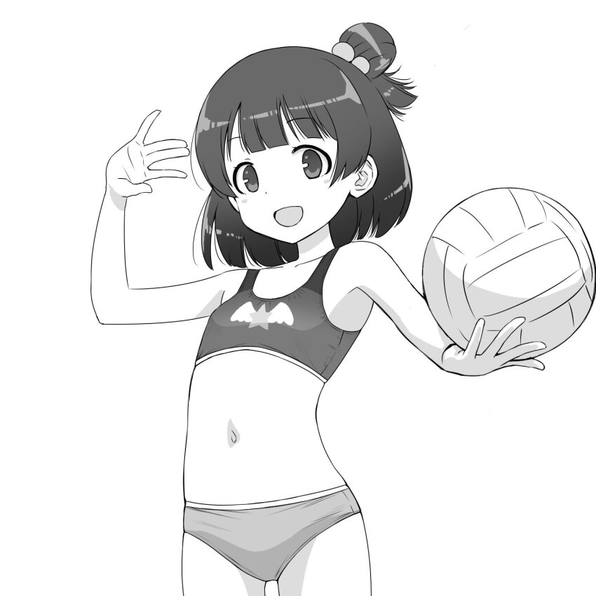 1girl, :d, ball, black_hair, blunt_bangs, cowboy_shot, dot_nose, flat_chest, greyscale, hair_bobbles, hair_bun, hair_ornament, highres, holding, holding_ball, idolmaster, idolmaster_million_live!, idolmaster_million_live!_theater_days, light_blush, loli, matcha_kingyo, monochrome, nakatani_iku, navel, open_mouth, playing_sports, short_hair, simple_background, smile, sportswear, standing, volleyball, volleyball_(object), volleyball_uniform, white_background