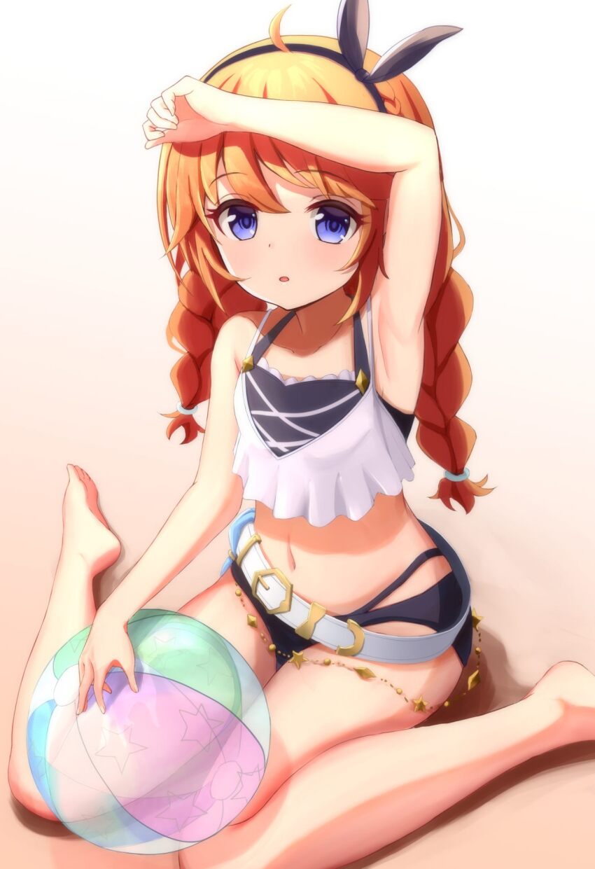 1girl, ahoge, arm_up, armpits, ball, bare_arms, barefoot, beachball, belt, bikini, black_bikini, black_hairband, black_headband, blue_eyes, bow_hairband, braid, hair_tie, hairband, headband, highres, layered_bikini, long_hair, marimo_(midiina), navel, open_mouth, orange_hair, princess_connect!, sitting, solo, swimsuit, translucent, twin_braids, wariza, white_belt, yuni_(princess_connect!), yuni_(winter)_(princess_connect!)