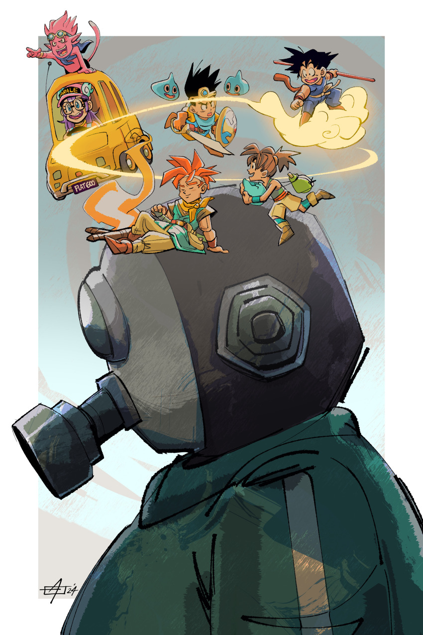 1girl, 6+boys, absurdres, ankle_boots, baseball_cap, beelzebub_(sand_land), belt, black-framed_eyewear