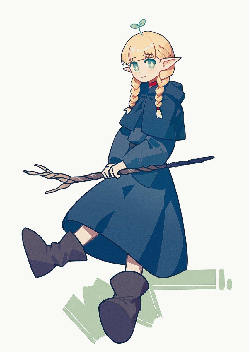 1girl, absurdres, black_boots, blonde_hair, blue_capelet, blunt_bangs, boots, braid