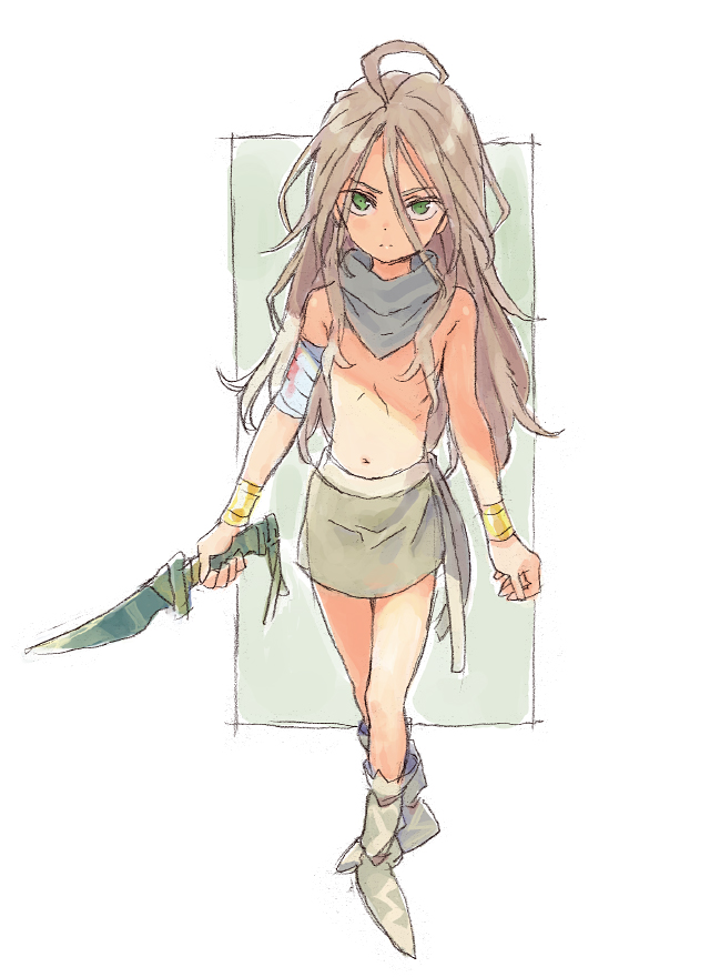 androgynous, bracelet, convenient_censoring, gold_bracelet, grey_hair, holding, holding_knife, jewelry