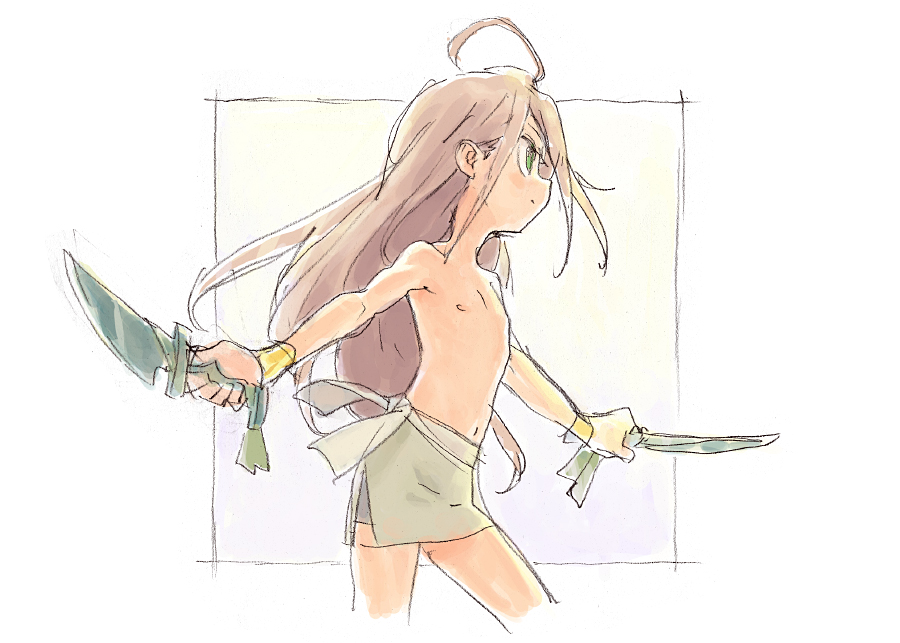 ahoge, androgynous, bracelet, gold_bracelet, green_eyes, grey_hair, holding, holding_weapon, jewelry, kirim_(fugo), knife, long_hair, matsuo_yuusuke, navel, nipples, original, simple_background, sketch, solo, topless_female, weapon, white_background