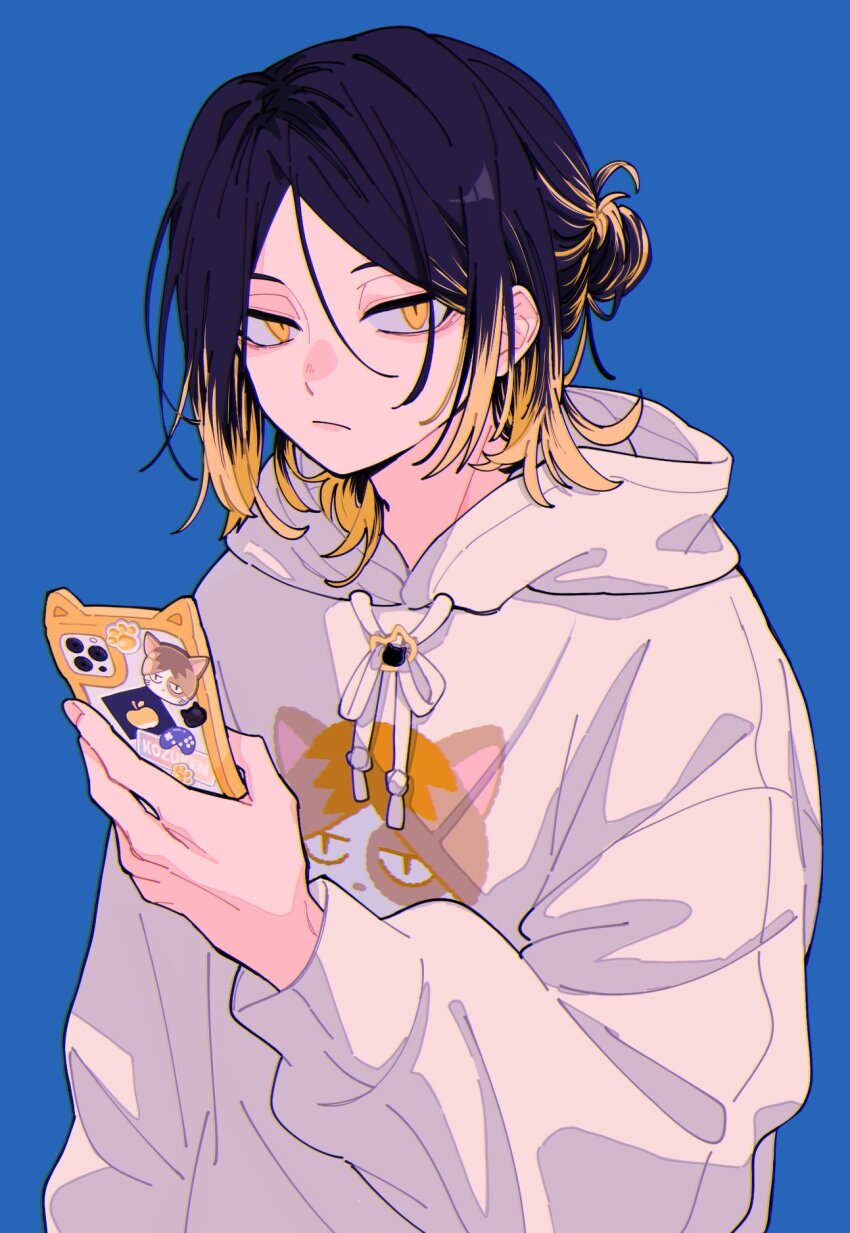 1boy, animal_print, black_hair, blonde_hair, blue_background, cat_print, cellphone, character_request, commentary, copyright_request, haikyuu!!, highres, holding, holding_phone, hood, hoodie, kozume_kenma, looking_at_viewer, multicolored_hair, nasi_w2, phone, simple_background, slit_pupils, smartphone, solo, sticker, untranslatable_commentary, two-tone_hair, white_hoodie, yellow_eyes