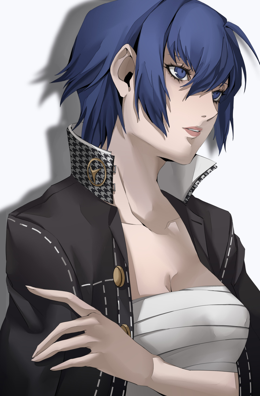 1girl, absurdres, bandaged_torso, black_jacket, blue_eyes, blue_hair, breasts, chest_binder, cleavage, crossdressing, crossdressing_(ftm), gold_buttons, hair_between_eyes, hand_on_own_arm, high_collar, highres, jacket, looking_to_the_side, medium_breasts, persona, persona_4, pertex_777, pink_lips, school_uniform, shadow, shirogane_naoto, short_hair, upper_body, white_background, white_stitching, wrapping