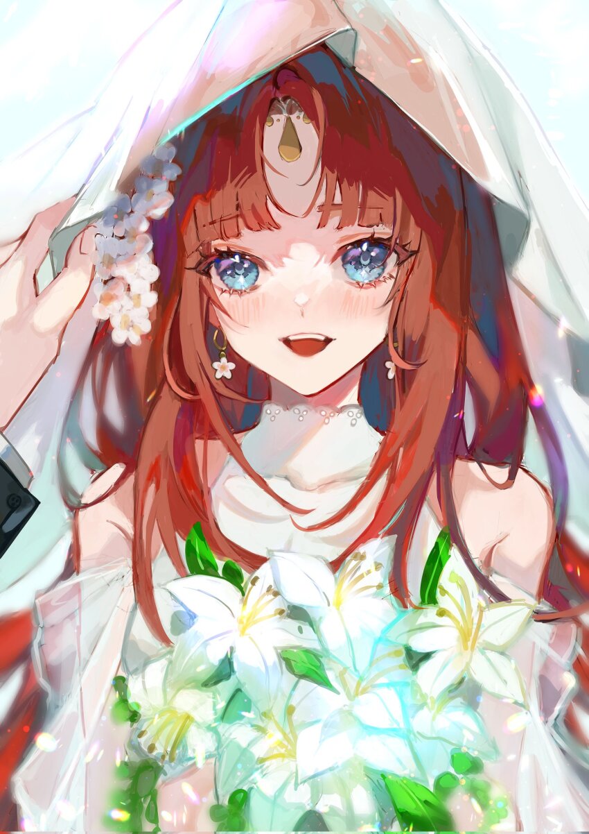 1boy, 1girl, alternate_costume, blue_eyes, blush, bouquet, bridal_veil, corrupted_twitter_file