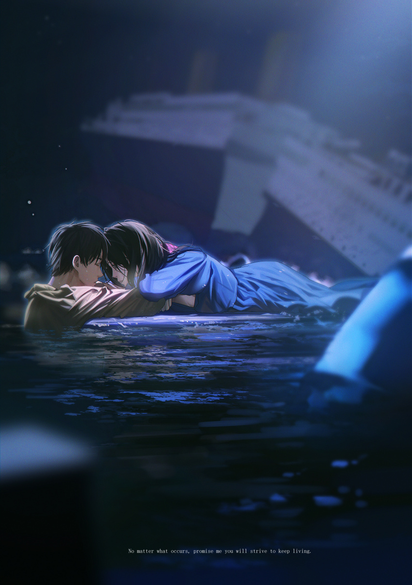 1boy, 1girl, absurdres, black_hair, blue_jacket, blue_skirt, blurry, brown_hair