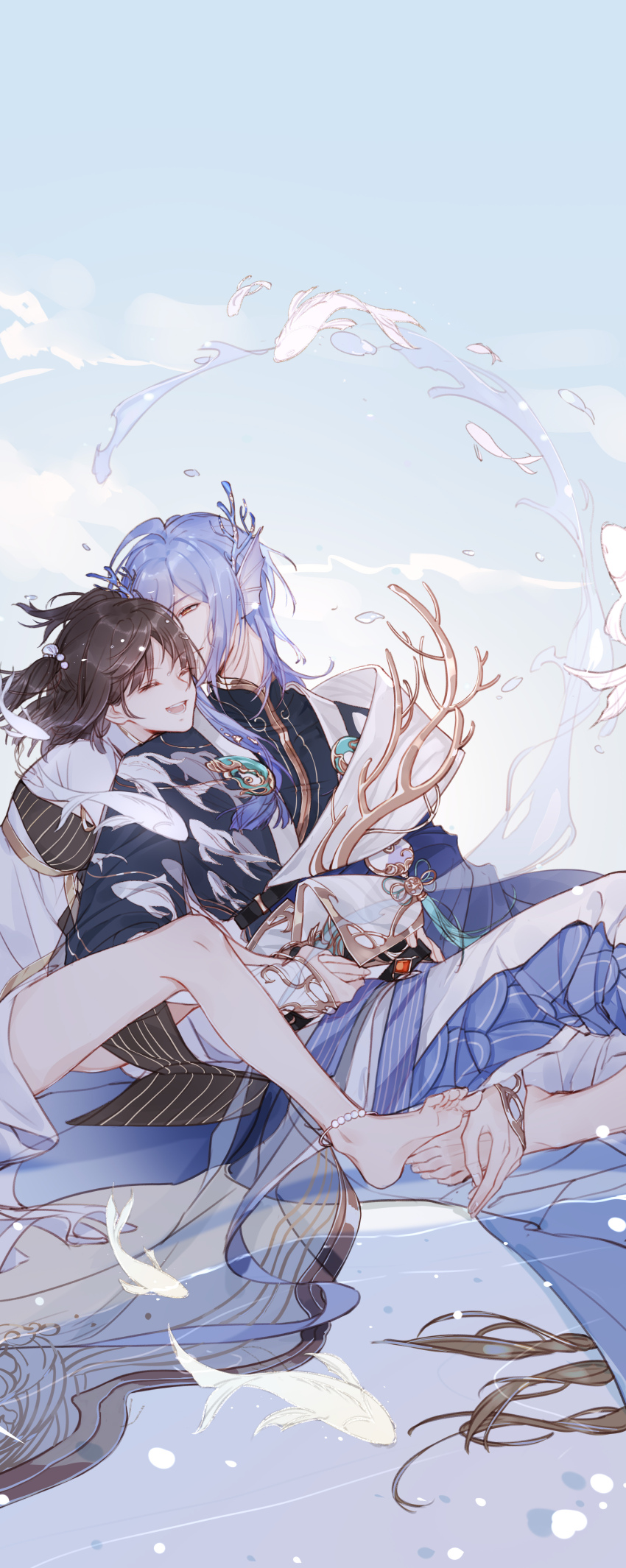 1boy, 1girl, :d, ^_^, absurdres, anklet, arm_guards, asymmetrical_sleeves