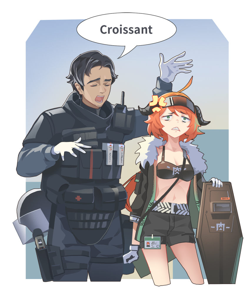 1boy, 1girl, ahoge, anger_vein, angry, arknights, ballistic_shield, black_gloves, black_hair, black_headwear, black_jacket, black_pants, black_shorts, black_sports_bra, breasts, bulletproof_vest, chinese_commentary, cleavage, clenched_teeth, closed_eyes, collarbone, combat_helmet, commentary_request, cow_girl, cow_horns, croissant_(arknights), cropped_legs, doc_(rainbow_six_siege), fur-trimmed_jacket, fur_trim, gloves, green_eyes, gun, helmet, highres, holding, holstered, horns, id_card, jacket, load_bearing_vest, long_hair, low_ponytail, medium_breasts, midriff, navel, open_clothes, open_mouth, orange_hair, pants, ponytail, rainbow_six_siege, shield, short_hair, short_shorts, shorts, sidelocks, sima_naoteng, speech_bubble, sports_bra, standing, swept_bangs, tactical_clothes, teeth, visor_cap, walkie-talkie, weapon, white_gloves
