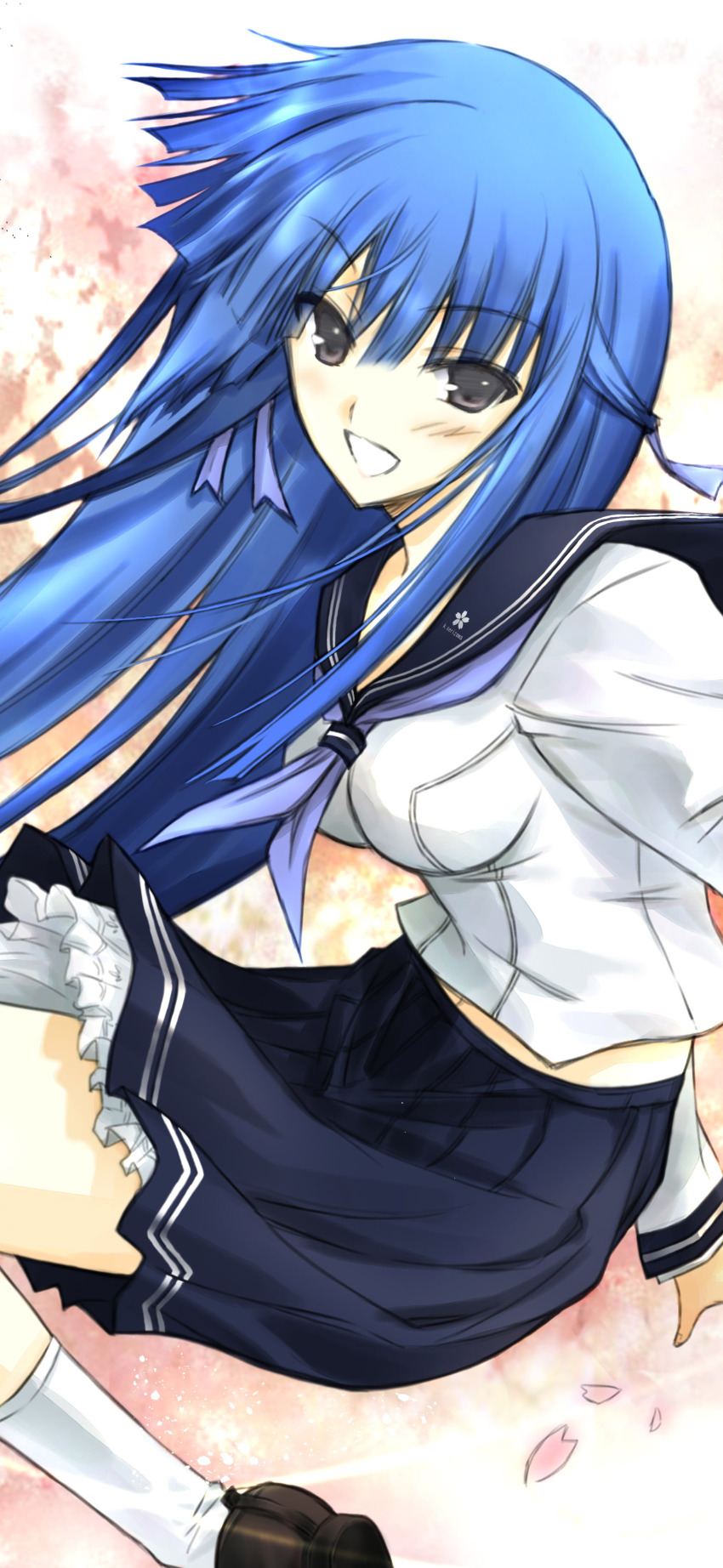 1girl, absurdres, blue_hair, breasts, cherry_blossoms, female_focus, highres, impossible_clothes