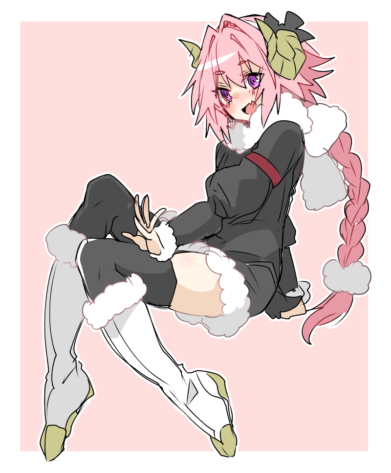 1boy, astolfo_(fate), black_garter_straps, black_thighhighs, blush, braid, fake_horns, fate/apocrypha