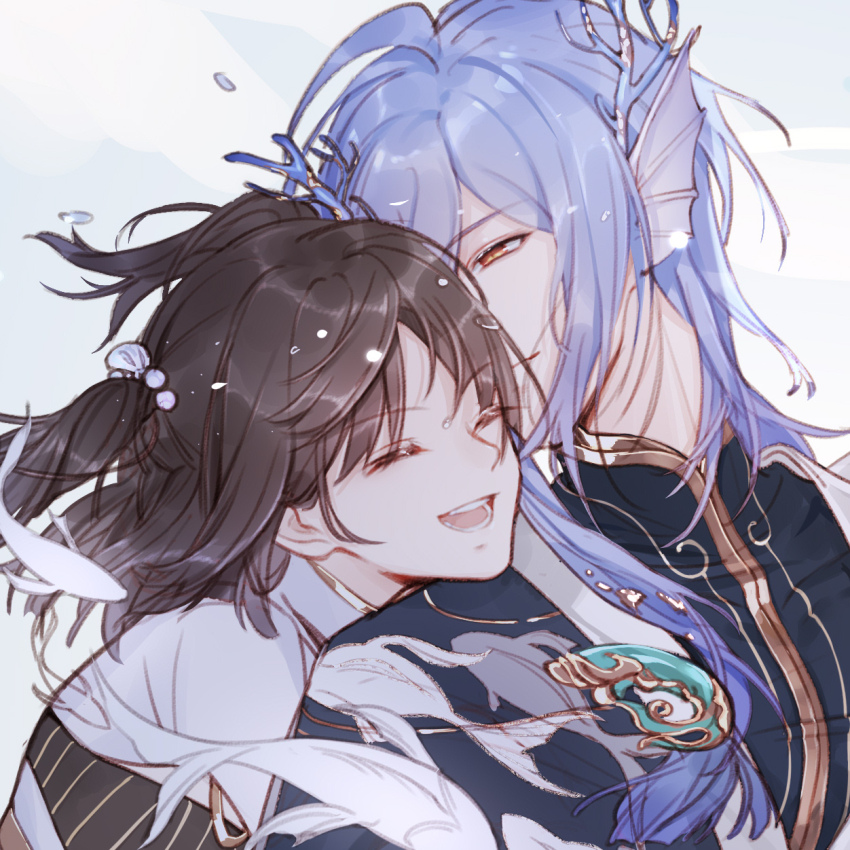 1boy, 1girl, :d, black_hair, black_shirt, blue_hair, chinese_clothes, closed_mouth