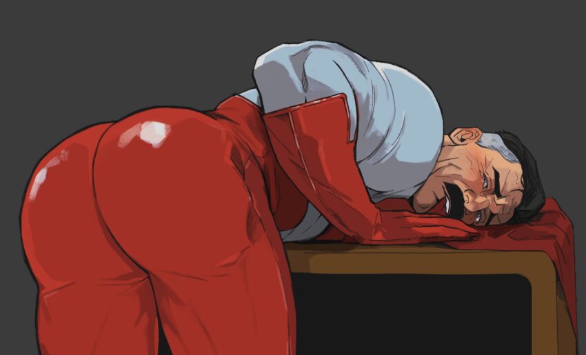 1boy, ass, ass_focus, bara, black_hair, blue_eyes, blush, bodysuit, bonjourdraws, cape, facial_hair, gloves, grey_background, grey_hair, highres, invincible_(series), male_focus, mature_male, multicolored_bodysuit, multicolored_hair, muscular, muscular_male, mustache, nolan_grayson, omni-man, red_bodysuit, red_cape, red_gloves, short_hair, simple_background, solo, tongue, tongue_out, two-tone_bodysuit, two-tone_hair, white_bodysuit