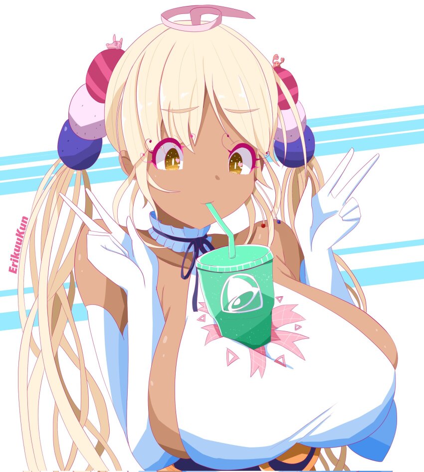 1girl, artist_name, blonde_hair, breasts, bright_pupils, bubble_tea_challenge, choker, colored_eyelashes