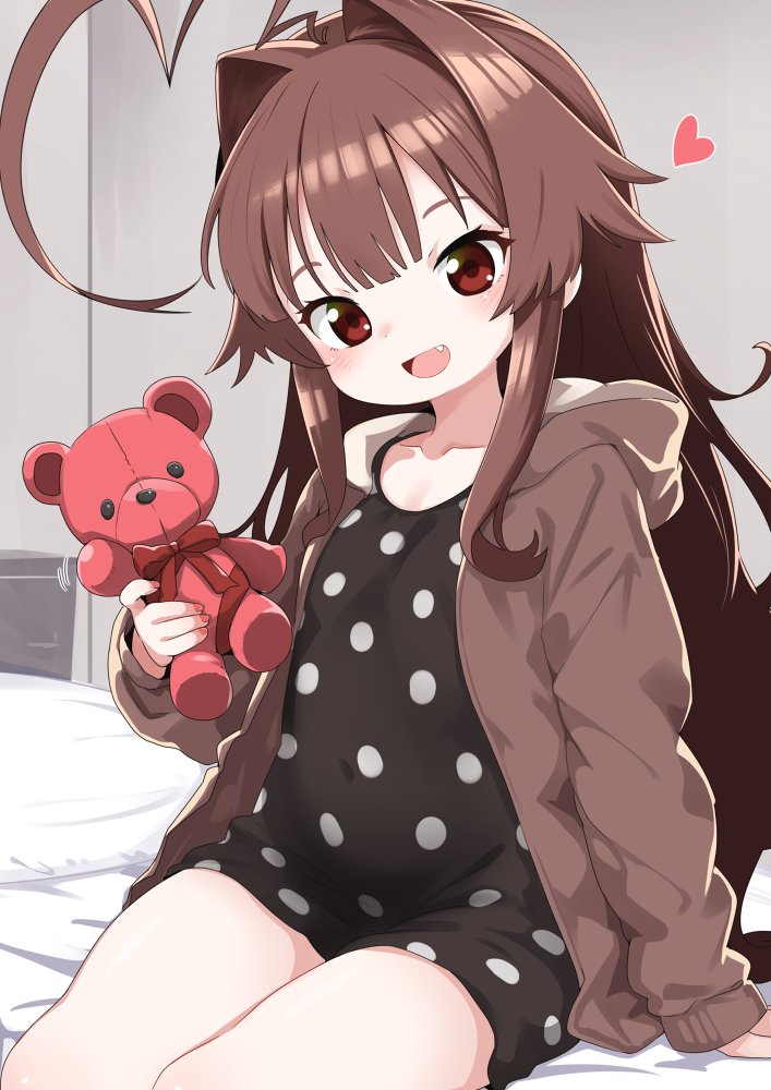 1girl, ahoge, black_dress, blush, brown_hair, brown_jacket, dress, famg, fang, holding, holding_stuffed_toy, hood, hooded_jacket, huge_ahoge, indoors, jacket, kantai_collection, kuma_(kancolle), kuma_(valentine)_(kancolle), long_hair, long_sleeves, looking_at_viewer, nassukun, on_bed, open_clothes, open_jacket, open_mouth, pillow, polka_dot, polka_dot_dress, red_eyes, short_dress, sidelocks, sitting, solo, stuffed_animal, stuffed_toy, teddy_bear, very_long_hair