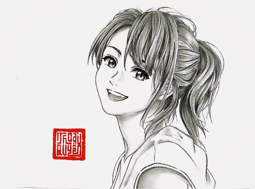 1girl, akb48, commentary, doyleliao, english_commentary, eyelashes, greyscale, looking_at_viewer