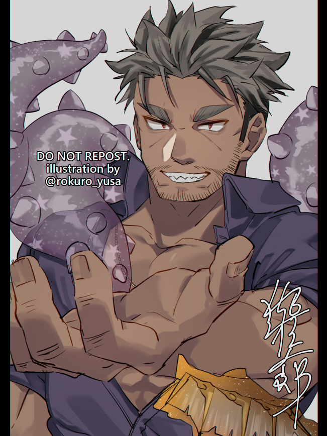 1boy, bara, beard_stubble, black_border, border, collared_shirt, commentary, dagon_(housamo), dark-skinned_male, dark_skin, facial_hair, fins, fish_boy, grey_background, grey_hair, grin, jewelry, looking_at_viewer, male_focus, mature_male, muscular, muscular_male, necklace, outstretched_arm, partially_unbuttoned, purple_shirt, red_eyes, rokuro_yusa, sanpaku, shirt, short_hair, sideburns, signature, simple_background, smile, solo, star_(symbol), stubble, tentacles, thick_eyebrows, tokyo_houkago_summoners, twitter_username, upper_body, watermark