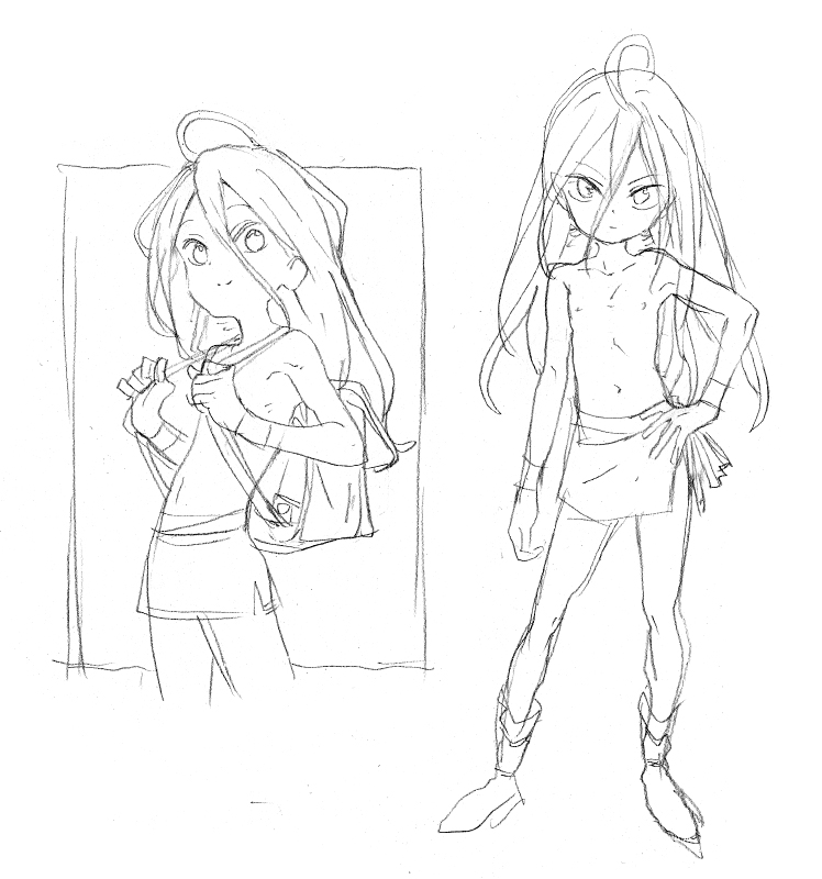 ahoge, androgynous, bag, greyscale, half-dress, kirim_(fugo), long_hair, matsuo_yuusuke