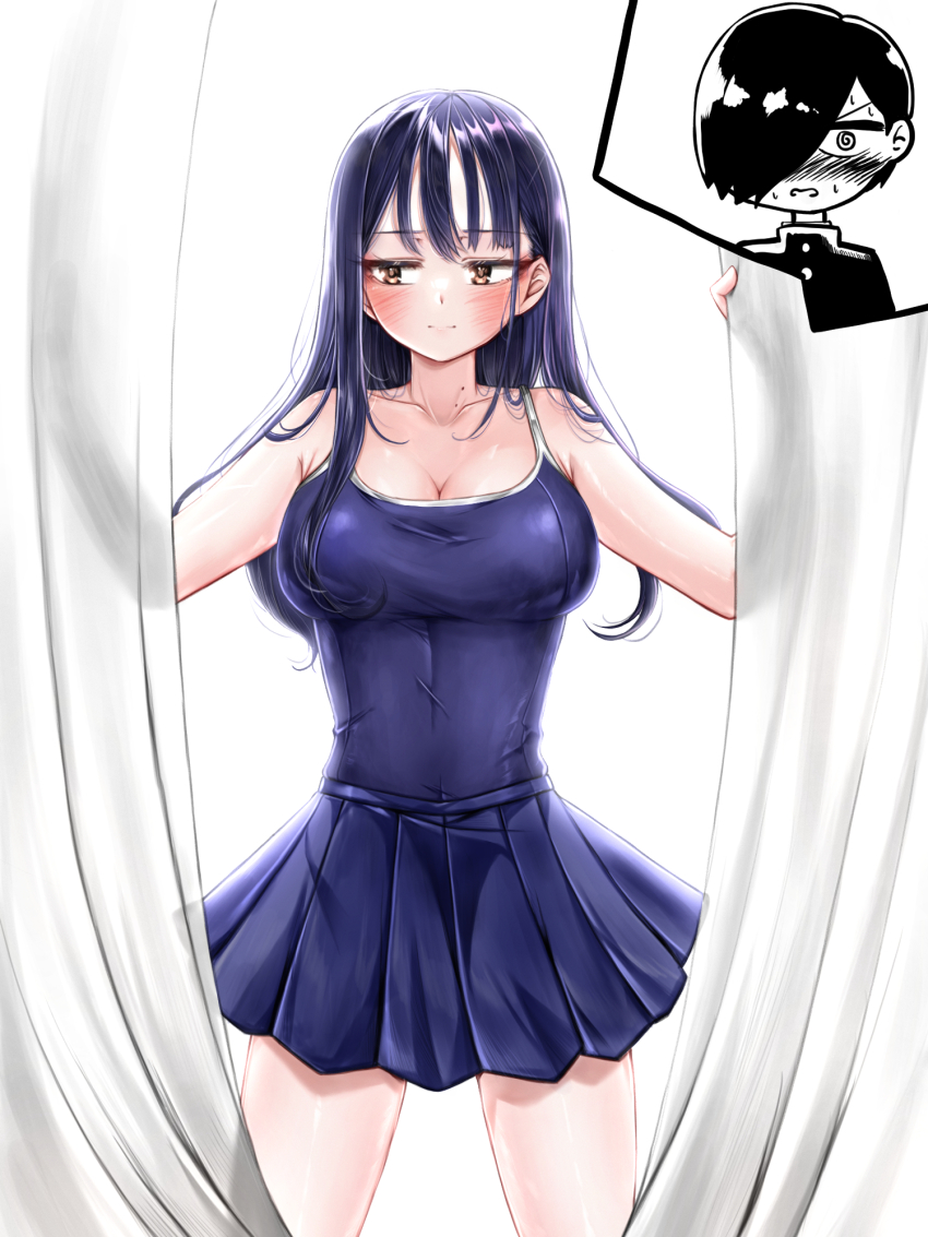 1boy, 1girl, ao_tanuki, bare_shoulders, blue_dress, blue_hair, blush, boku_no_kokoro_no_yabai_yatsu