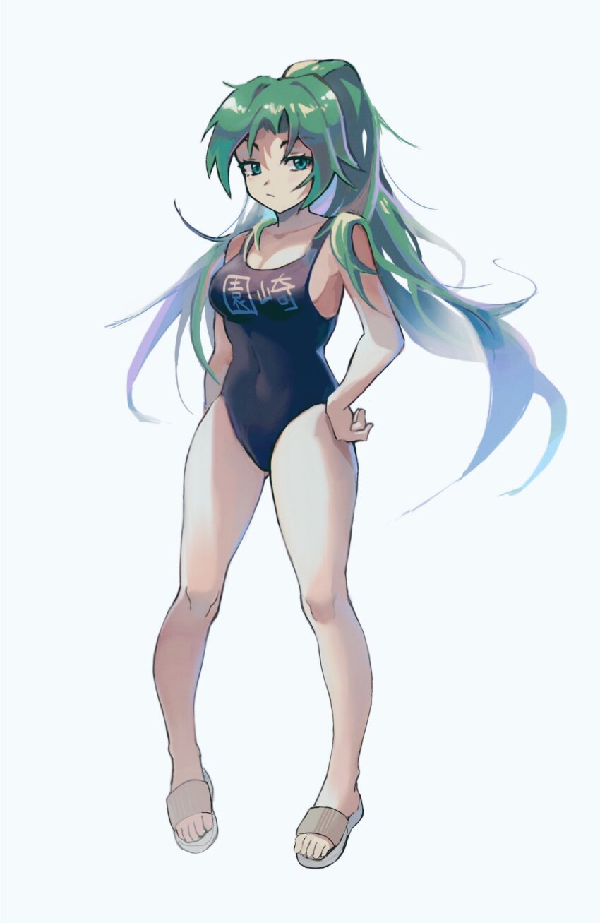 1girl, breasts, copyright_request, green_eyes, green_hair, hand_on_own_hip, highres, itooku