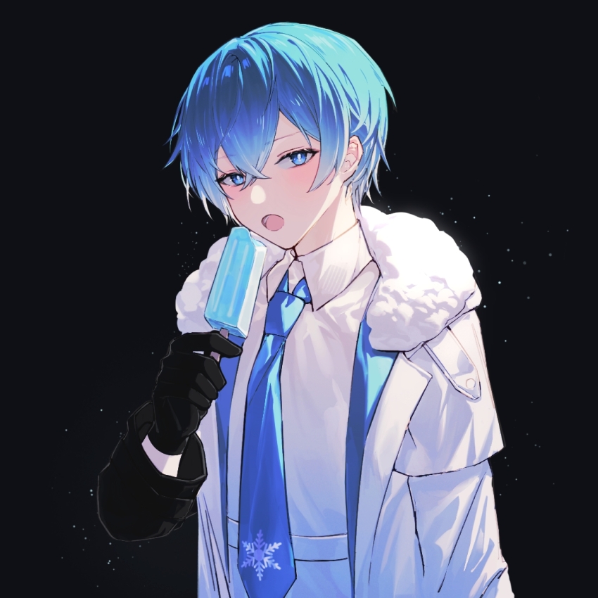 1boy, black_background, black_gloves, blue_eyes, blue_necktie, blush, coat, collared_shirt