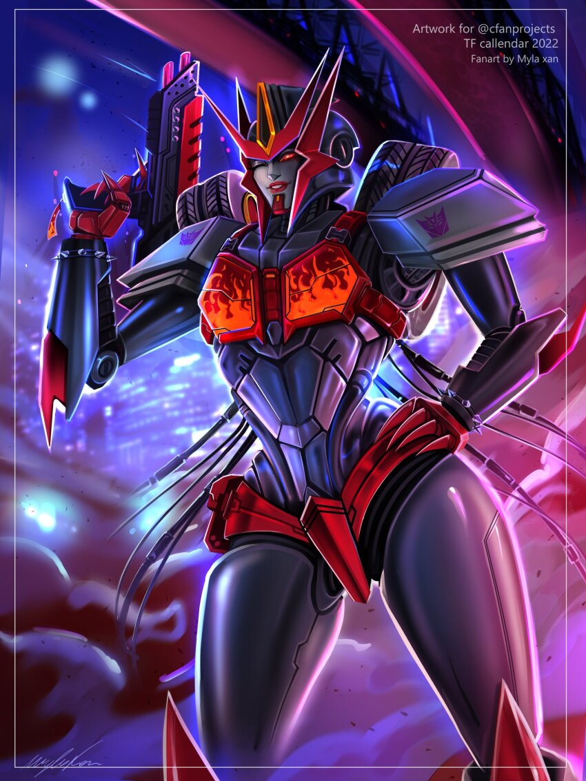 1girl, armor, colored_skin, decepticon, fingernails, flamewar, flat_chest, grey_skin