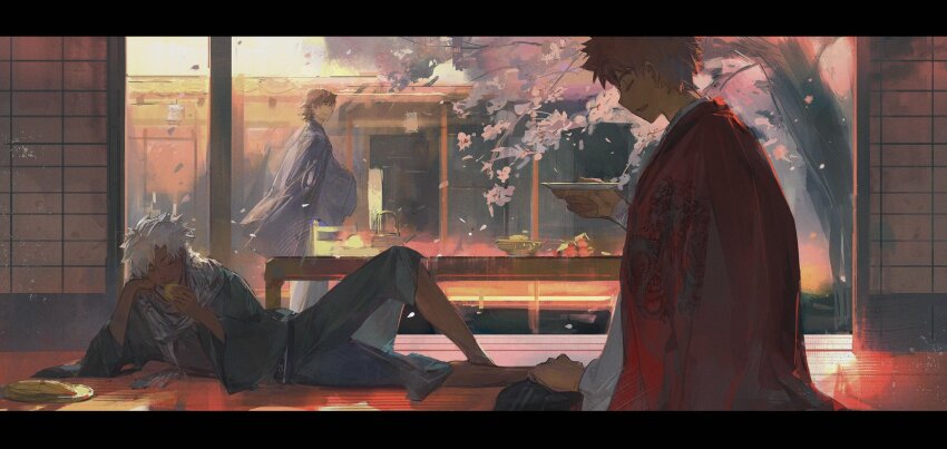 3boys, architecture, black_hair, black_hakama, black_kimono, cherry_blossoms, cqqqqdaze, cup, dark-skinned_male, dark_skin, dragon_print, east_asian_architecture, eating, emiya_kiritsugu, emiya_kiritsugu_(assassin), emiya_kiritsugu_(being_in_the_same_boat), emiya_shirou, falling_petals, fate/grand_order, fate_(series), grigori_rasputin_(being_in_the_same_boat)_(fate), grigori_rasputin_(fate), hakama, highres, holding, holding_cup, japanese_clothes, kimono, kimono_on_shoulders, knee_up, kotomine_kirei, letterboxed, lying, multiple_boys, official_alternate_costume, on_side, petals, red_kimono, sakazuki, scarf, senji_muramasa_(being_in_the_same_boat)_(fate), senji_muramasa_(fate), shouji, sitting, sliding_doors, standing, teapot, white_hair, white_kimono, white_scarf
