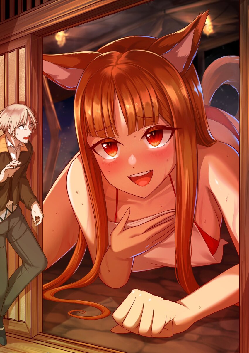 1girl, animal, animal_ears, bikini, blush, breasts, craft_lawrence, embarrassed