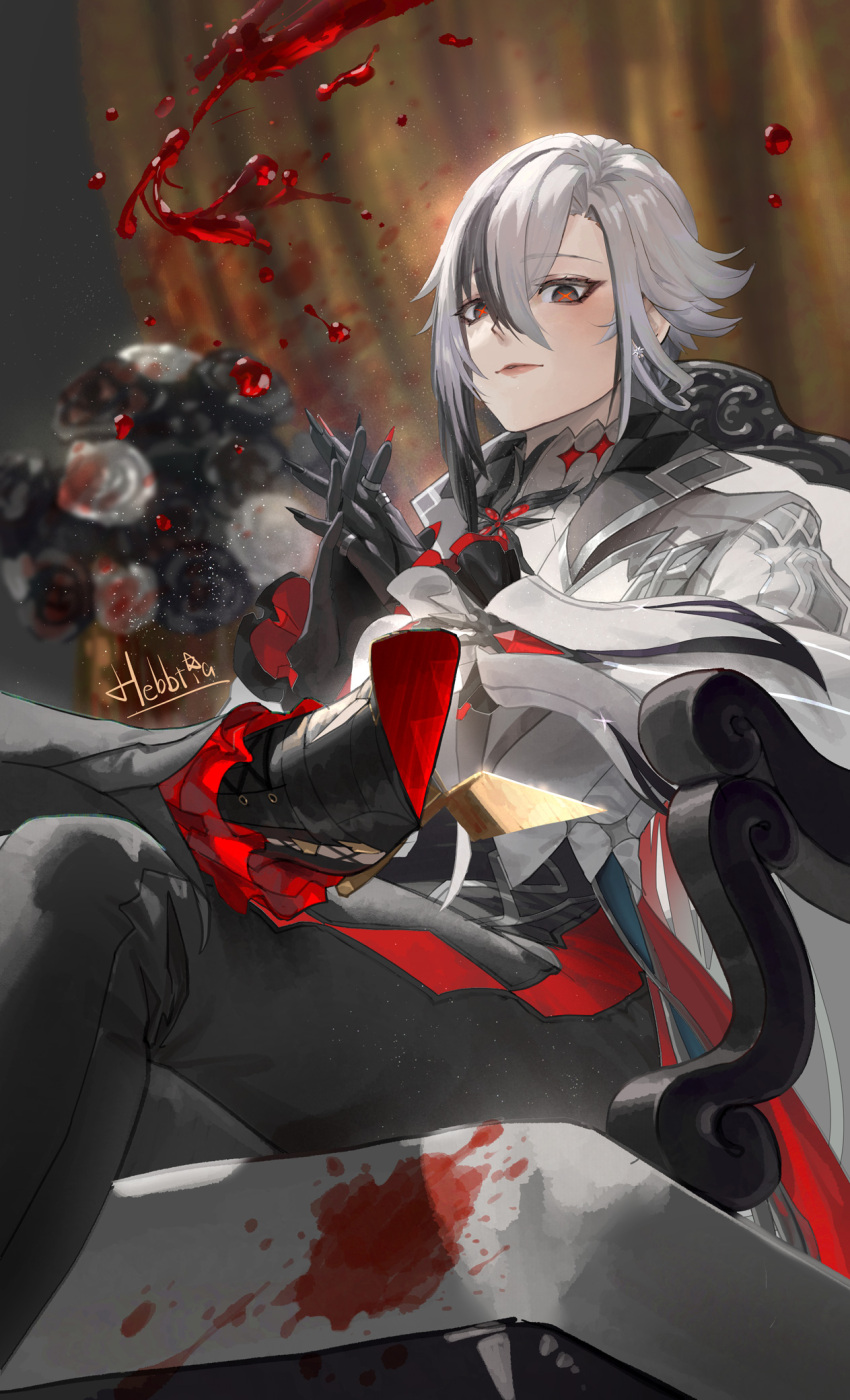 1girl, arlecchino_(genshin_impact), black_hair, black_pants, black_shoes, blood, coat, commentary_request, genshin_impact, hebbtia, highres, leggings, long_sleeves, multicolored_hair, own_hands_together, pants, shoes, short_hair, sitting, solo, streaked_hair, white_coat, white_hair