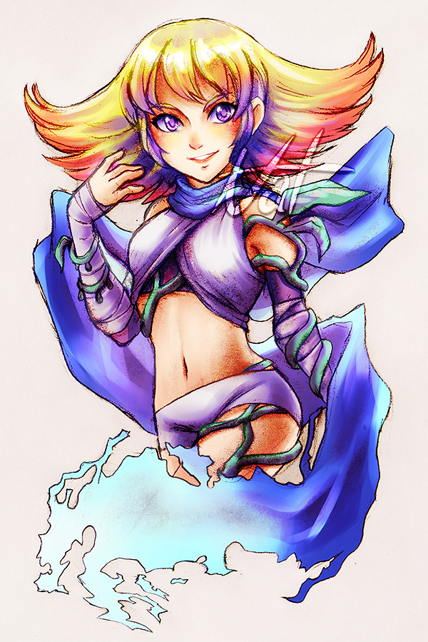1girl, blonde_hair, blue_scarf, grey_background, kid_icarus, kid_icarus_uprising, midriff, nat_(nathaniel), navel, nintendo, phosphora, plant, purple_eyes, scarf, shorts, simple_background, solo, vines, watermark, white_shorts