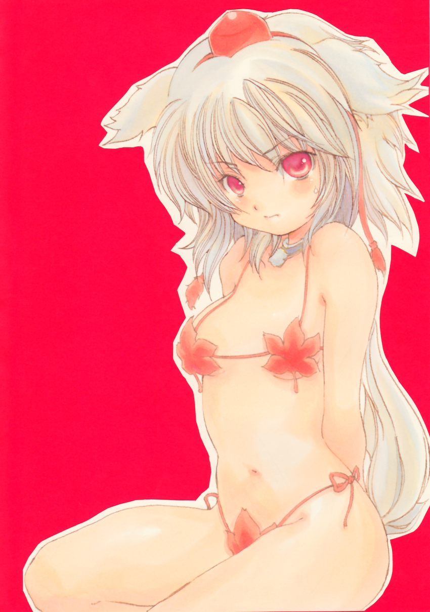 1girl, absurdres, animal_ears, arms_behind_back, autumn, bikini, blush, female_focus