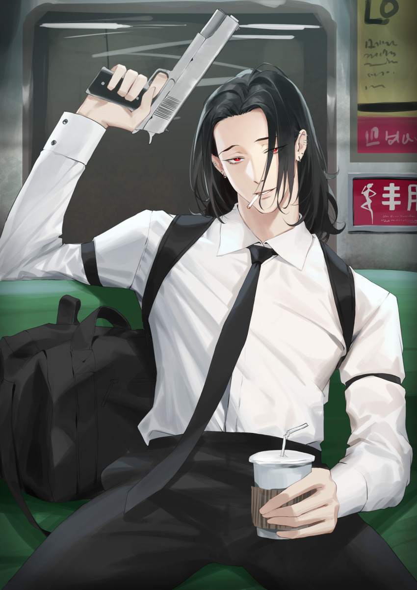 1boy, absurdres, black_bag, black_hair, black_necktie, black_pants, bright_pupils, cigarette, collared_shirt, cup, disposable_coffee_cup, disposable_cup, dress_shirt, drinking_straw, ear_piercing, finger_on_trigger, gmirror1, gun, hand_up, handgun, highres, holding, holding_cup, holding_gun, holding_weapon, looking_at_viewer, m1911, male_focus, medium_hair, necktie, original, pants, parted_bangs, piercing, pistol, red_eyes, shirt, shirt_garters, shirt_gt, shirt_tucked_in, shoulder_strap, sign, sitting, smile, smoking, spread_legs, train_interior, weapon, white_pupils, white_shirt, window