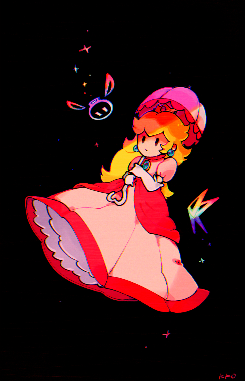 1girl, absurdres, black_background, black_eyes, blonde_hair, blue_gem, bomb, boomer_(paper_mario), brooch, bug, butterfly, chest_jewel, closed_mouth, collared_dress, commentary_request, crown, detached_wings, dress, earrings, explosive, eyelashes, falling, full_body, gem, gold_crown, high_collar, highres, holding, holding_umbrella, insect, jewelry, kakao_(kakao_san9), lace-trimmed_umbrella, light_frown, long_dress, long_hair, mario_(series), mini_crown, nintendo, paper_mario, parasol, petticoat, pink_dress, pink_sleeves, pink_umbrella, princess_peach, puffy_short_sleeves, puffy_sleeves, rainbow_gradient, short_sleeves, signature, simple_background, solid_oval_eyes, sparkle, sphere_earrings, super_paper_mario, tippi_(paper_mario), umbrella, wings