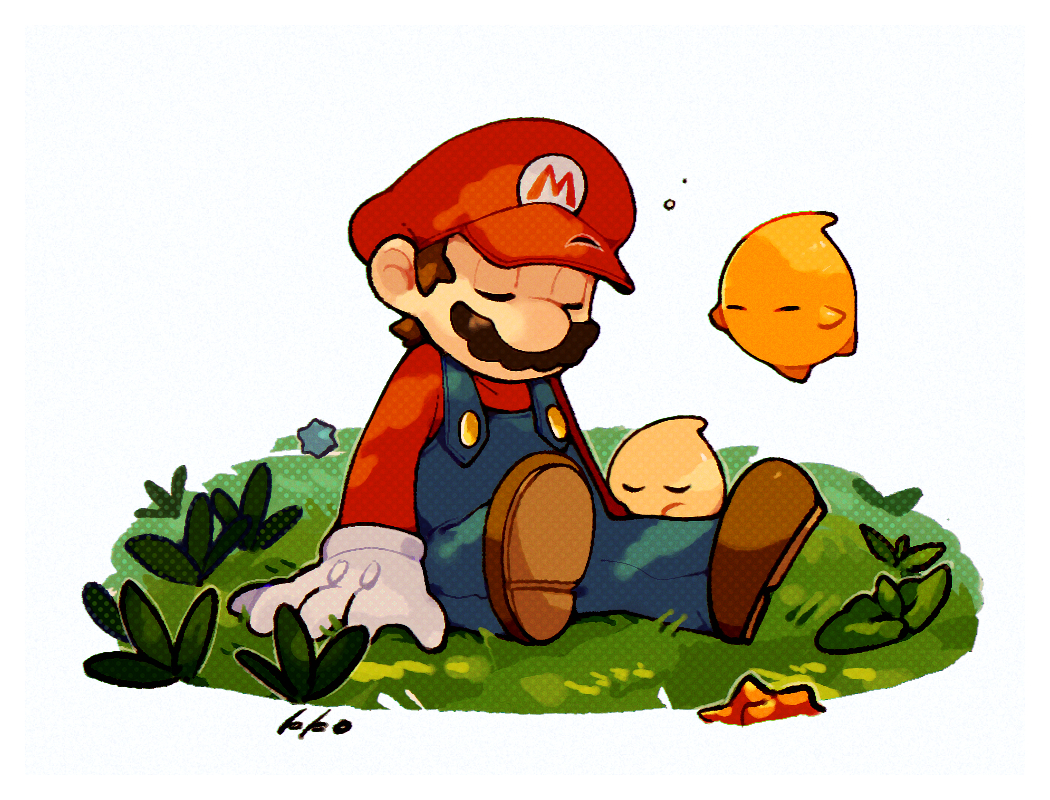 1boy, large_nose, blue_overalls, brown_hair, brown_shoes, buttons, closed_eyes, co-star_luma, commentary_request, facial_hair, full_body, gloves, grass, hat, kakao_(kakao_san9), long_sleeves, luma_(mario), male_focus, mario, mario_(series), mustache, newsboy_cap, nintendo, overalls, red_hat, red_shirt, red_sleeves, shirt, shoes, short_hair, signature, simple_background, sitting, sleeping, solo, squeans, star_bit, super_mario_galaxy, white_background, white_gloves
