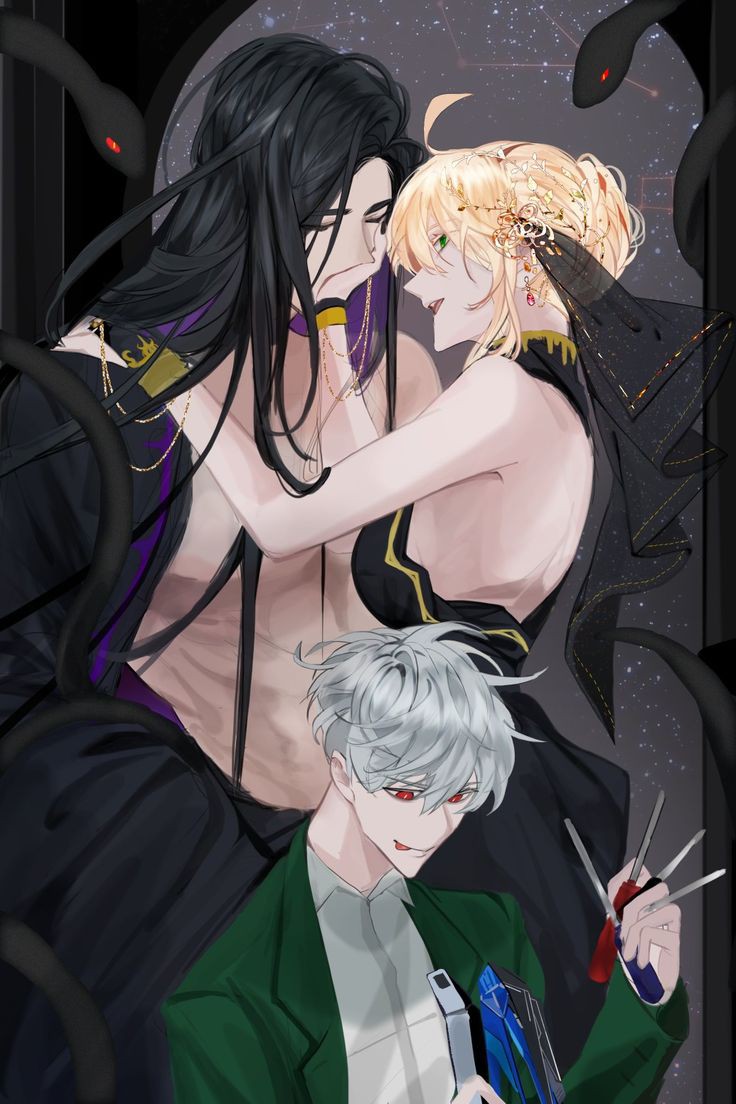 1girl, 2boys, abdominal_line, black_dress, black_hair, black_shirt, blonde_hair, closed_eyes