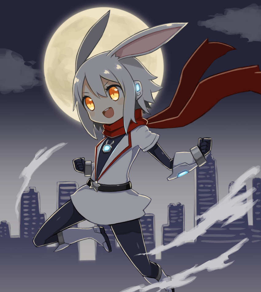 1girl, :d, animal_ears, belt, city, derurago, full_moon, highres