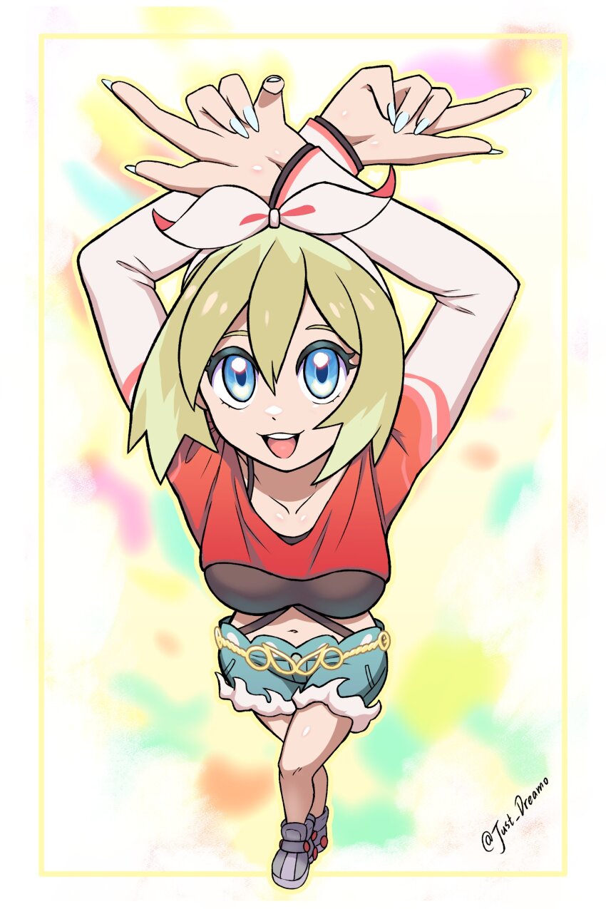 1girl, absurdres, arms_up, blonde_hair, blue_eyes, breasts, collarbone, denim